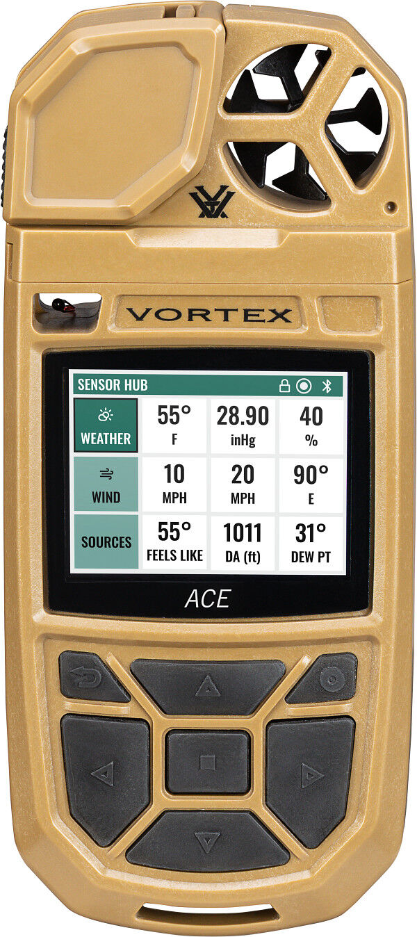 Vortex ACE tragbarer ballistischer Wettermesser in Sandfarbe mit großem Display für Temperatur, Luftdruck, Luftfeuchtigkeit, Winddaten und robusten Bedientasten