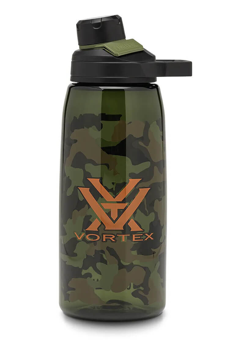 Grüne Vortex Wasserflasche mit Camouflage-Muster und Klappdeckel