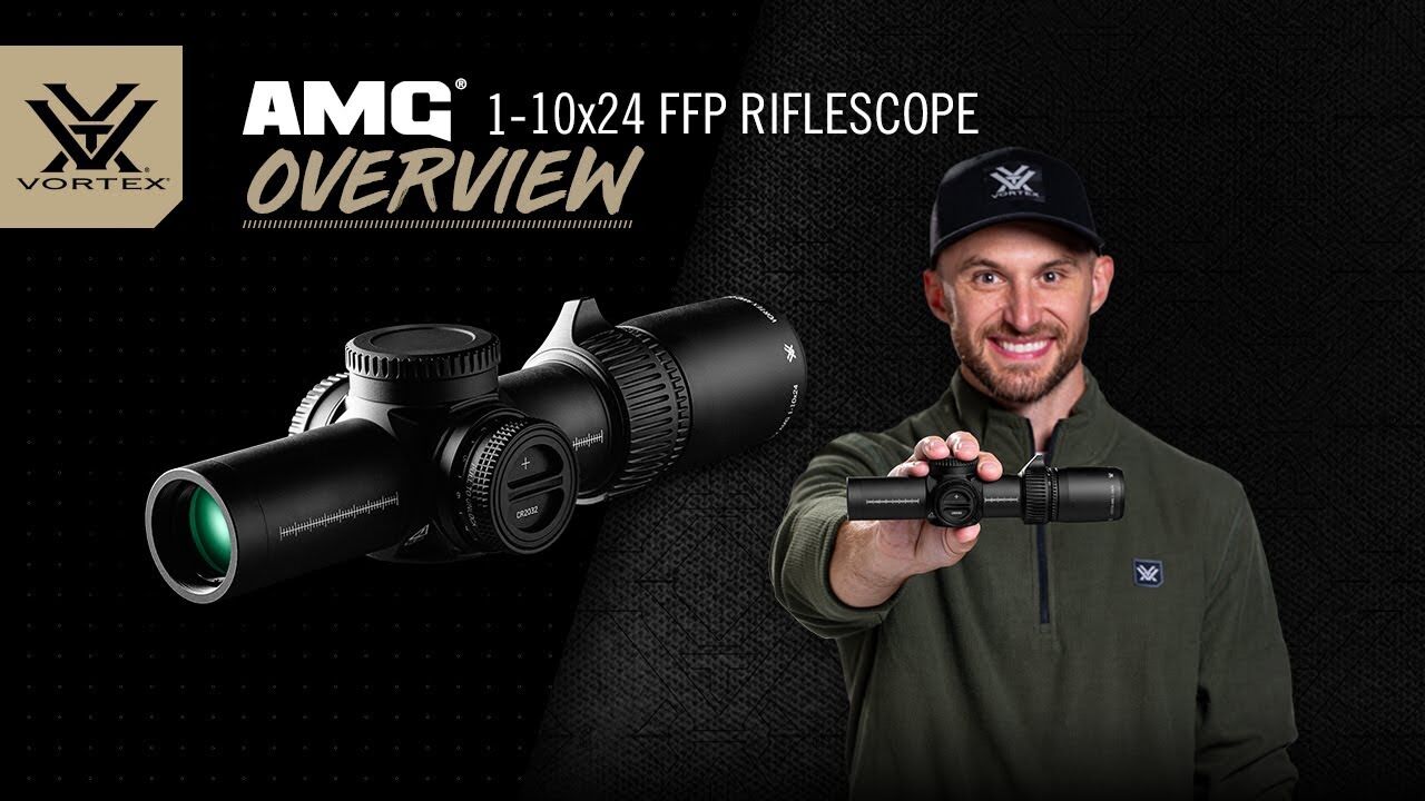Produktfoto des Vortex AMG 1-10x24 FFP Zielfernrohrs mit EBR-9-MRAD-Absehen, kompaktem 34-mm-Tubus und taktischen Dual-Zero-Türmen, präsentiert vor dunklem Hintergrund