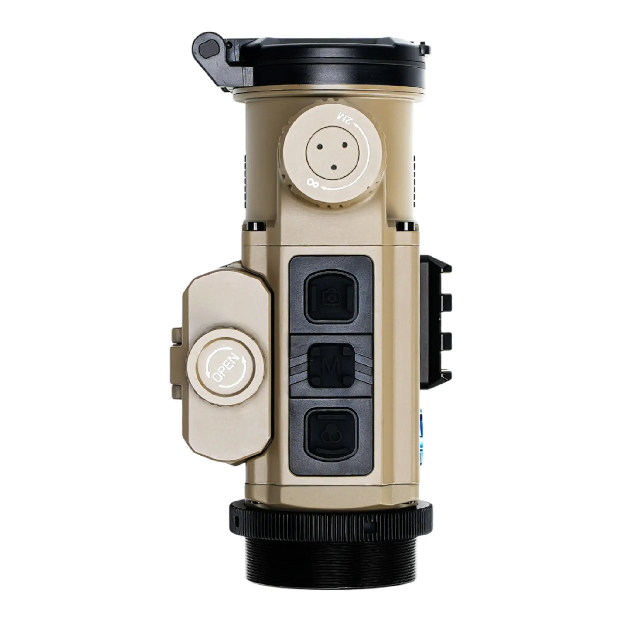 Produktansicht des ZENTRON ZEN C35 TAN Wärmebild-Vorsatzgeräts, robustes tanfarbenes Gehäuse mit Bedientasten und Einstellrad, ideal als Vorsatzoptik für präzise Nachtjagd
