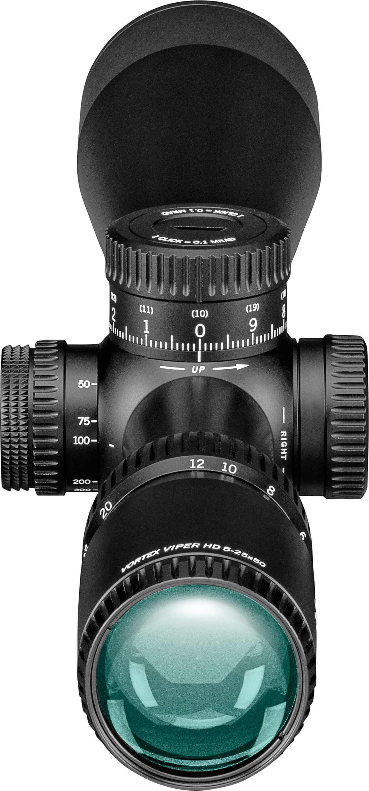 Detaillierte Ansicht eines Vortex Viper HD 5-25x50 Zielfernrohrs mit präzisen Einstellknöpfen und großen Linsen.