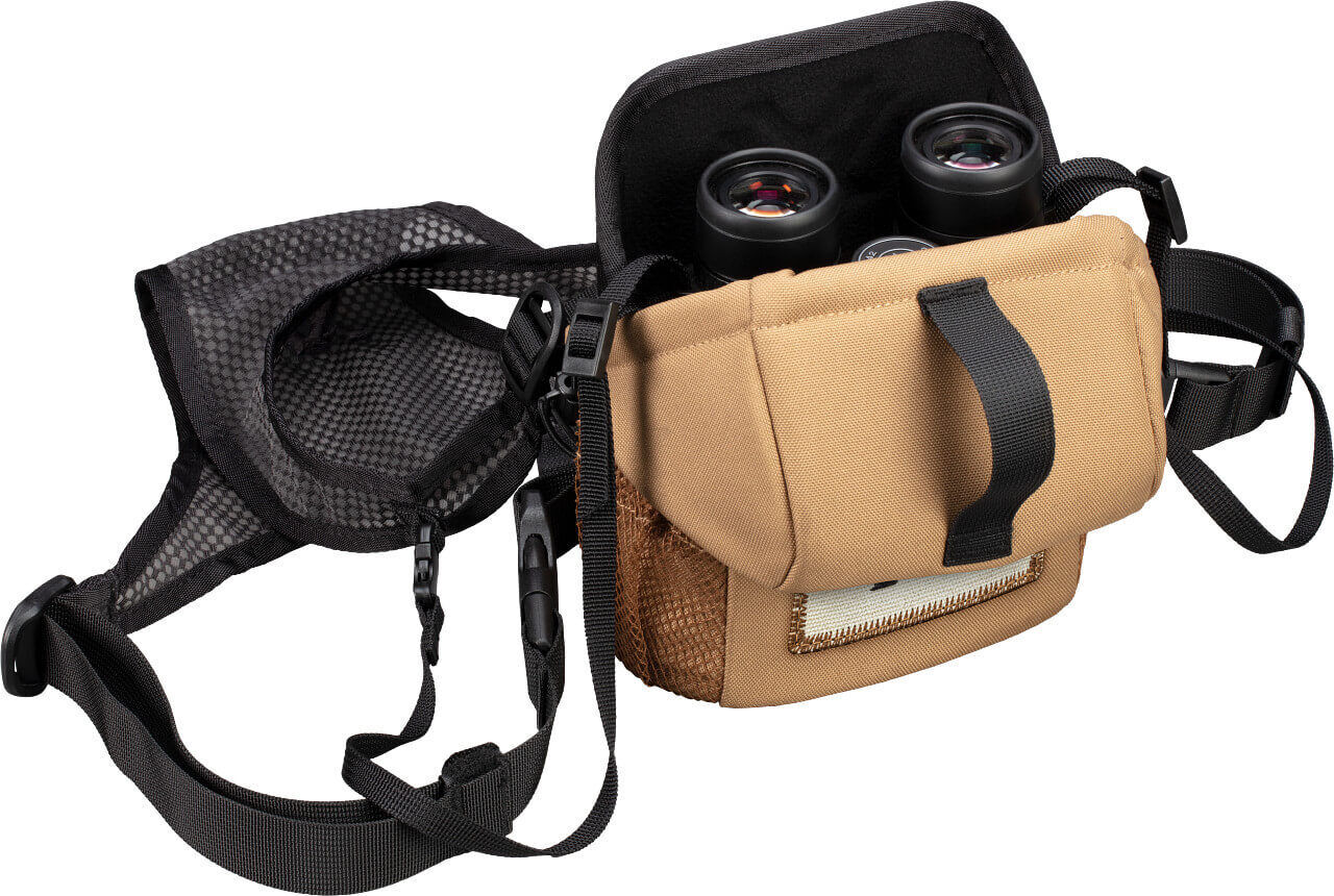 Kompakte, beige Tasche mit einem Fernglas, geeignet für Outdoor-Aktivitäten und Wanderungen.