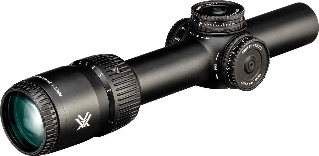 Schwarzes Vortex Strike Eagle 1-10x24 Zielfernrohr mit Vergrößerungsring und seitlichen Verstelltürmen in Nahaufnahme