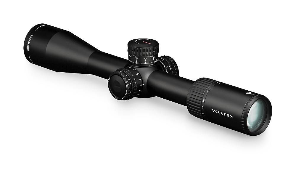 Schwarzes Vortex Zielfernrohr mit großen Einstellrädern und klarer Optik, geeignet für präzises Zielen