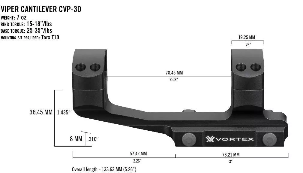 Abbildung der Vortex Viper Cantilever CVP-30 Zielfernrohrhalterung mit detaillierten Maßen und technischen Spezifikationen. Gewicht: 7 oz. Montageschraubendreher benötigt: Torx T10.