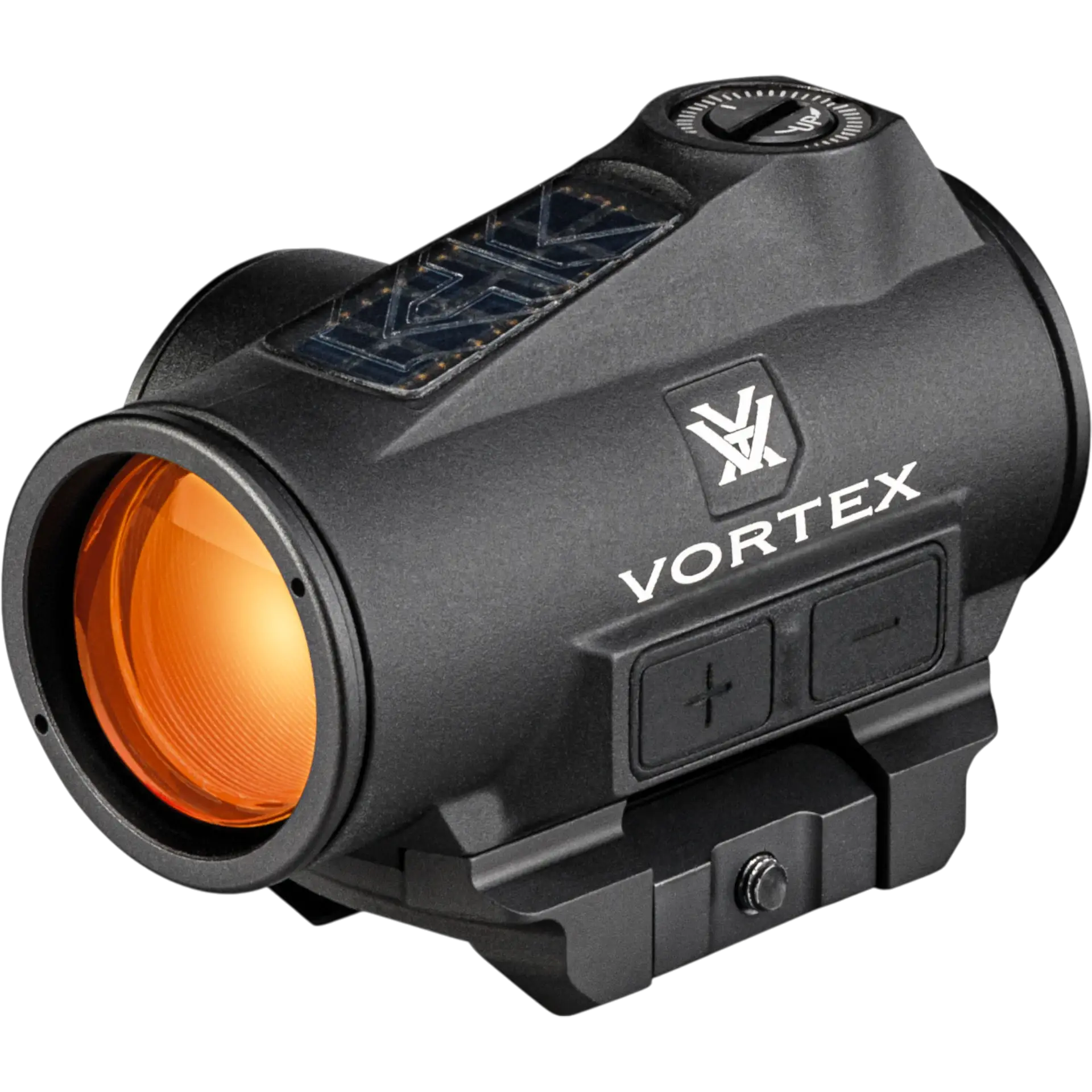 Produktansicht eines Vortex Red Dot Reflexvisiers in Schwarz mit orangefarbener Linse und Montage für Waffen-Schiene