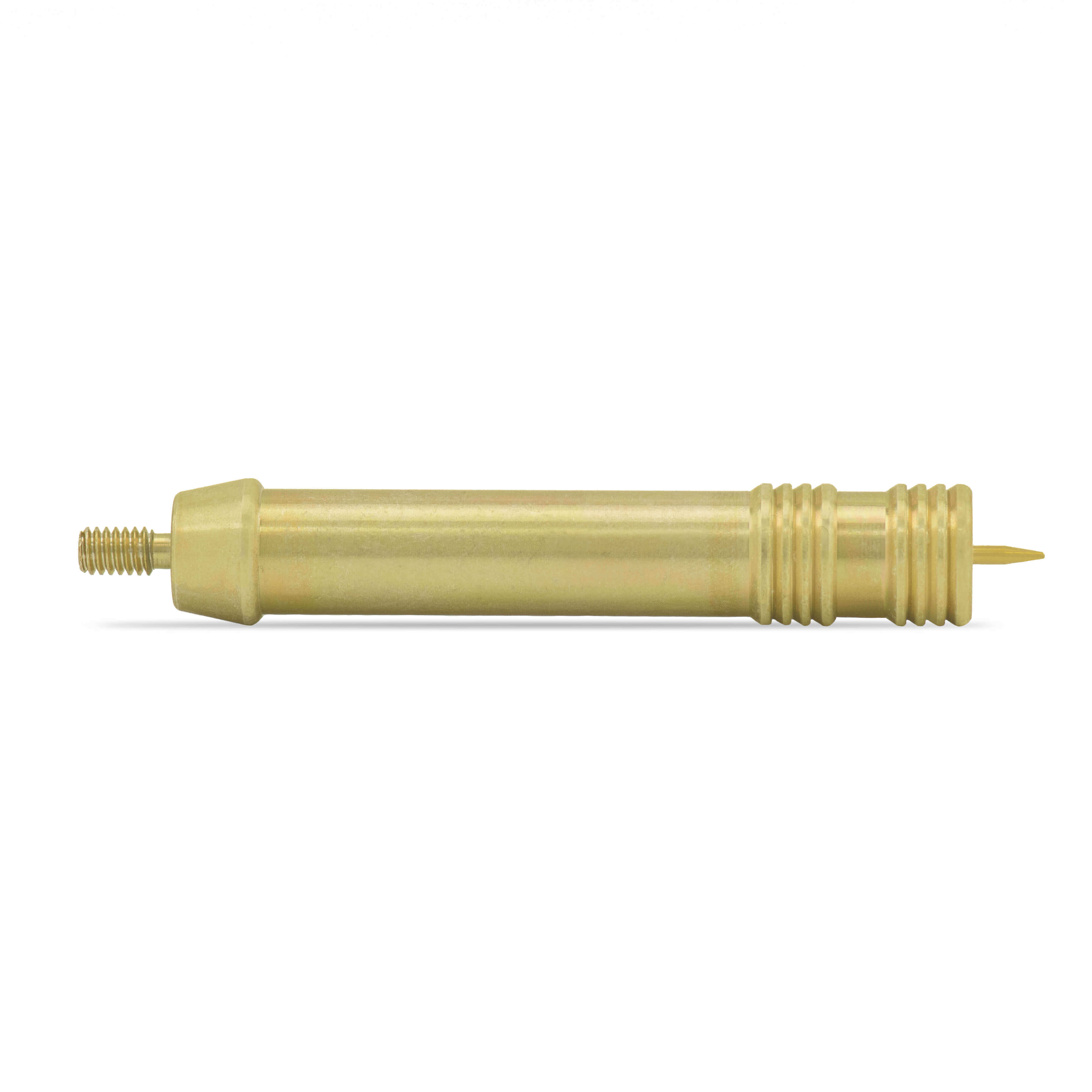 Nahaufnahme einer goldenen Metallstange, die ein feines Gewinde und eine spitz zulaufende Spitze aufweist. Ideal für industrielle Anwendungen.