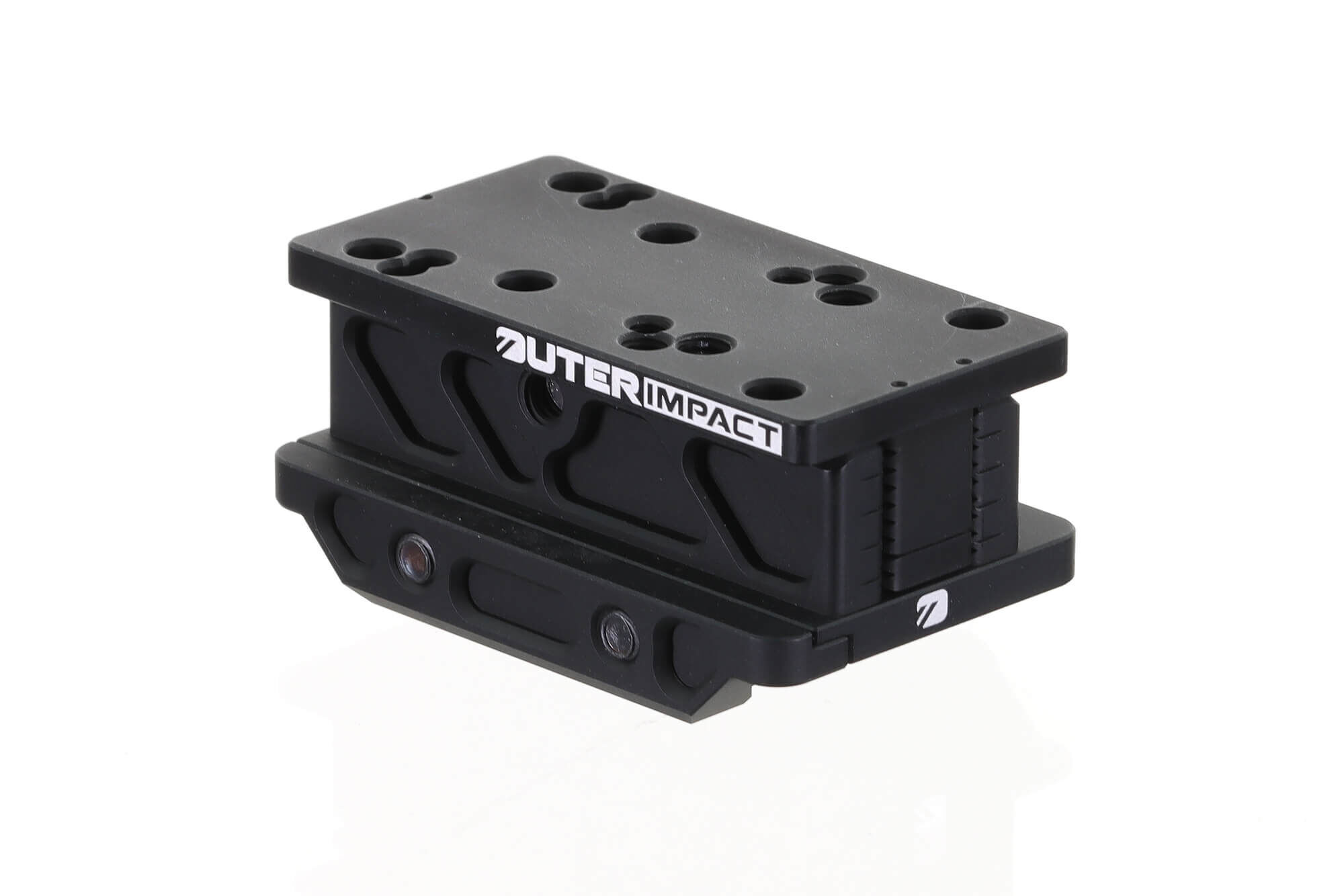 Schwarze Adapterplatte von Outerimpact mit mehreren Schrauböffnungen, geeignet für vielseitige Optikmontagen