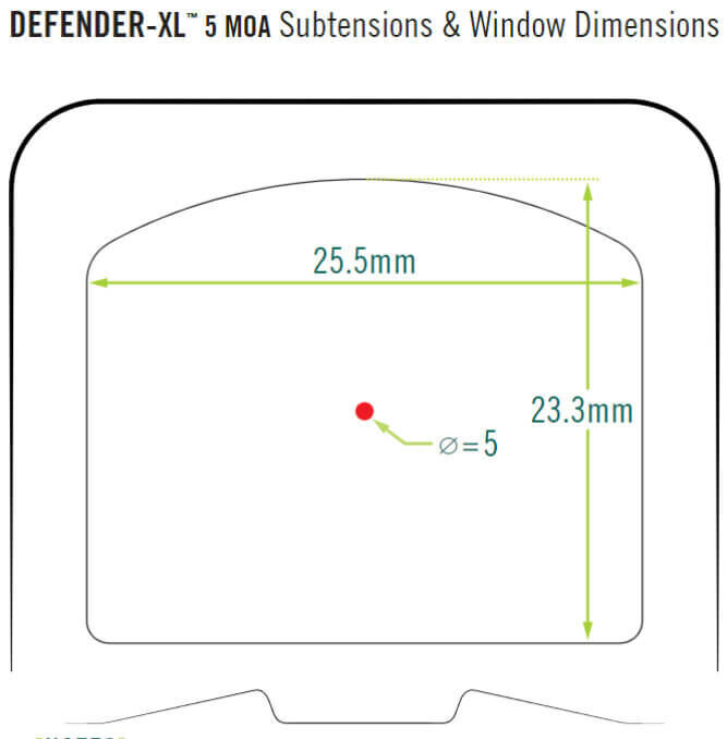 Diagramm der DEFENDER-XL 5 MOA Absehen- und Fensterabmessungen mit Maßen 25,5 mm Breite und 23,3 mm Höhe.
