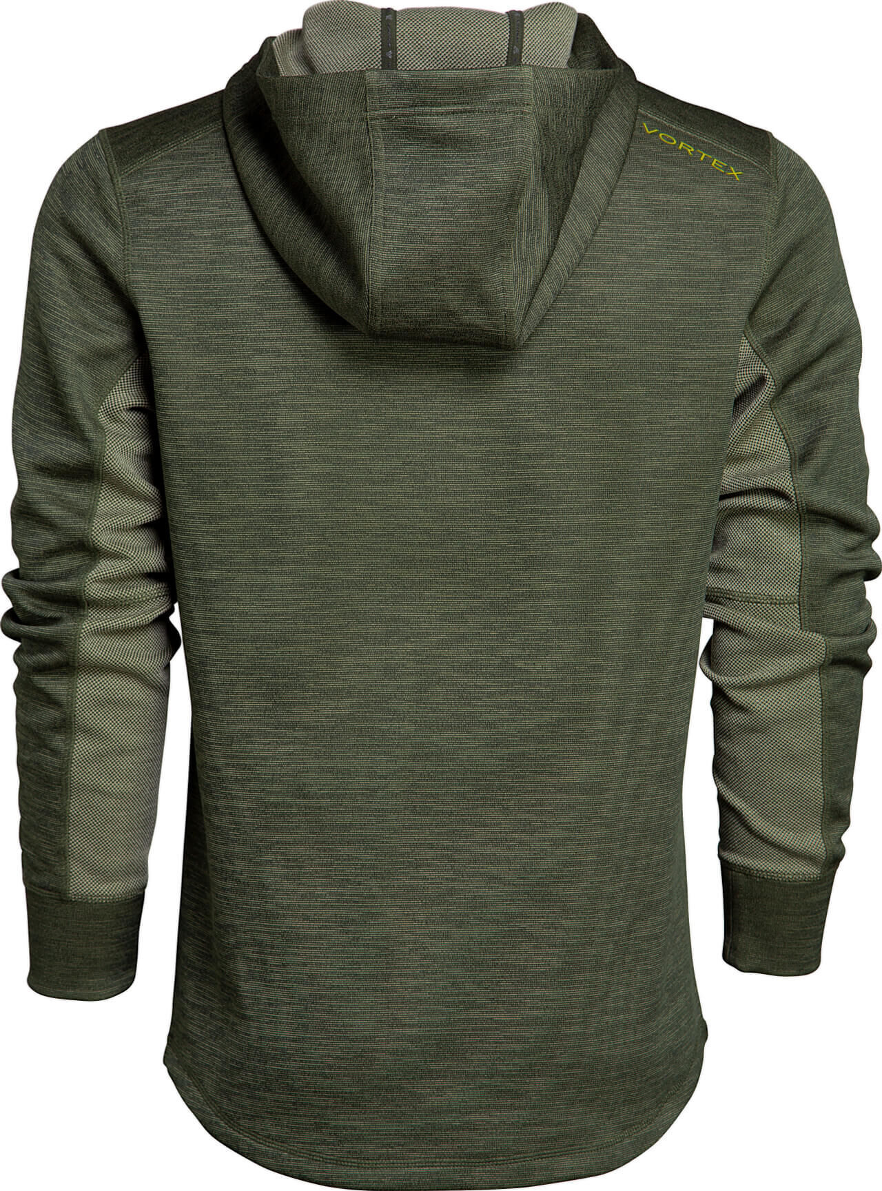Olivgrüner Kapuzenpullover von hinten mit langen Ärmeln und Markenaufdruck auf der Schulter