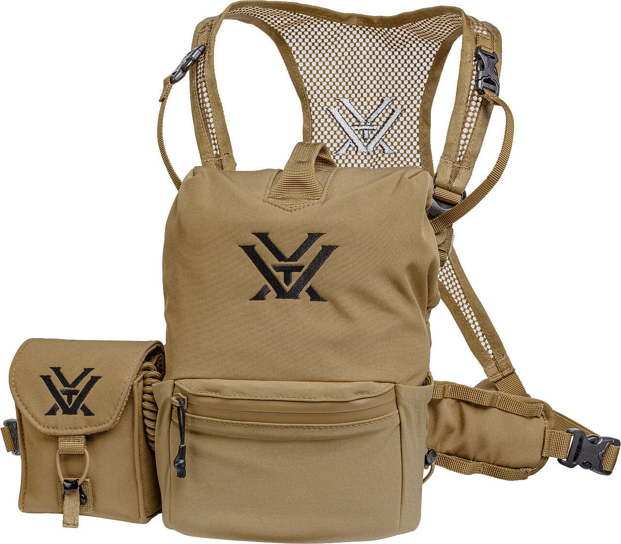 Braune taktische Brusttasche mit mehreren Fächern und netzartigen Trägern, ideal für Outdoor-Abenteuer