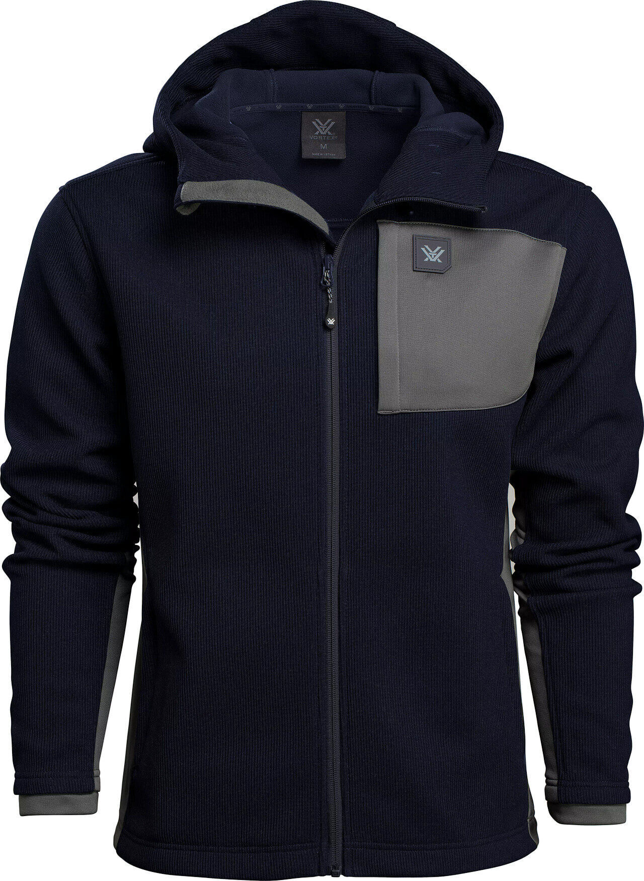 Blaue Fleecejacke mit grauen Akzenten, Kapuze und Reißverschluss