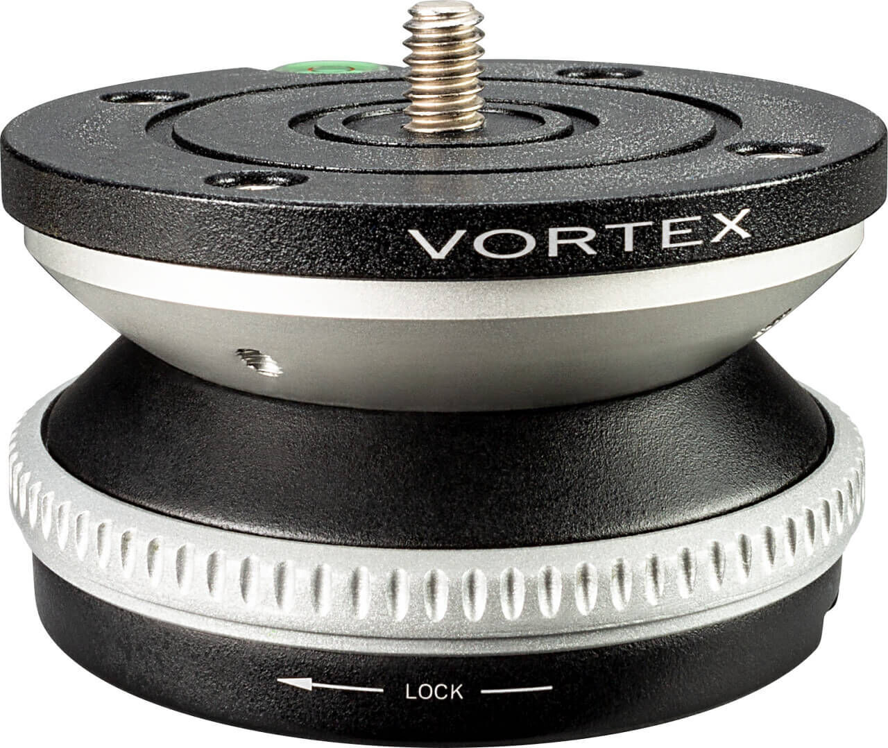 Nahaufnahme eines Vortex Stativkopf mit Schnellwechselplatte und Verriegelungsmechanismus