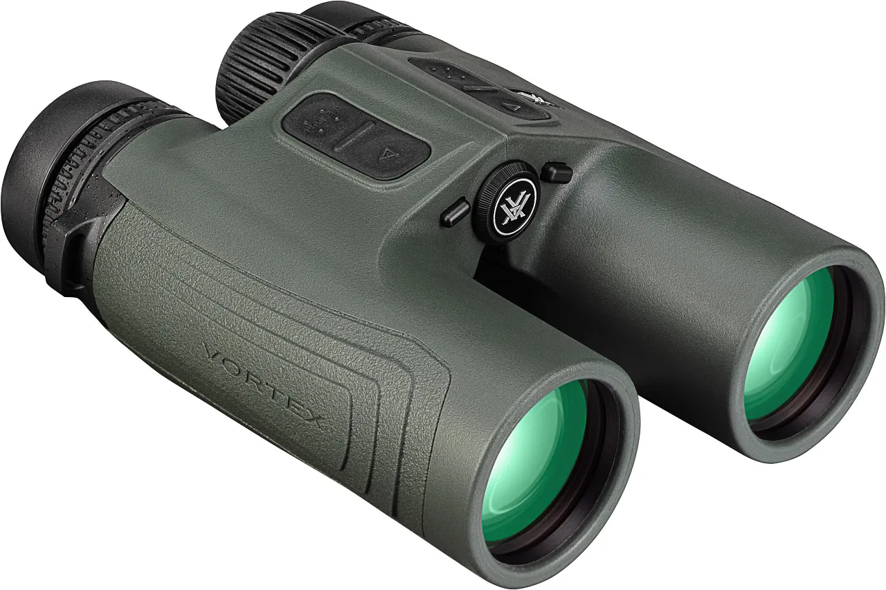 Grünes Vortex Fernglas mit integriertem Entfernungsmesser und gummiertem Gehäuse für Jagd und Outdoor-Einsatz
