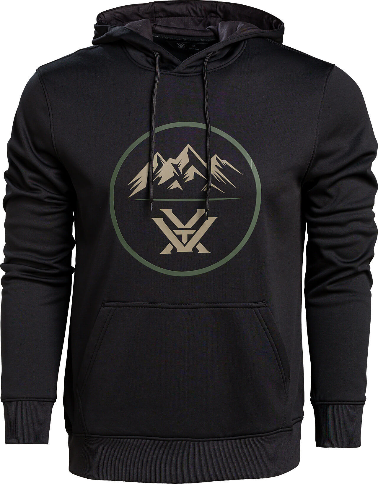 Schwarzer Hoodie mit Kapuze, Bergmotiv auf der Brust und praktischer Kängurutasche