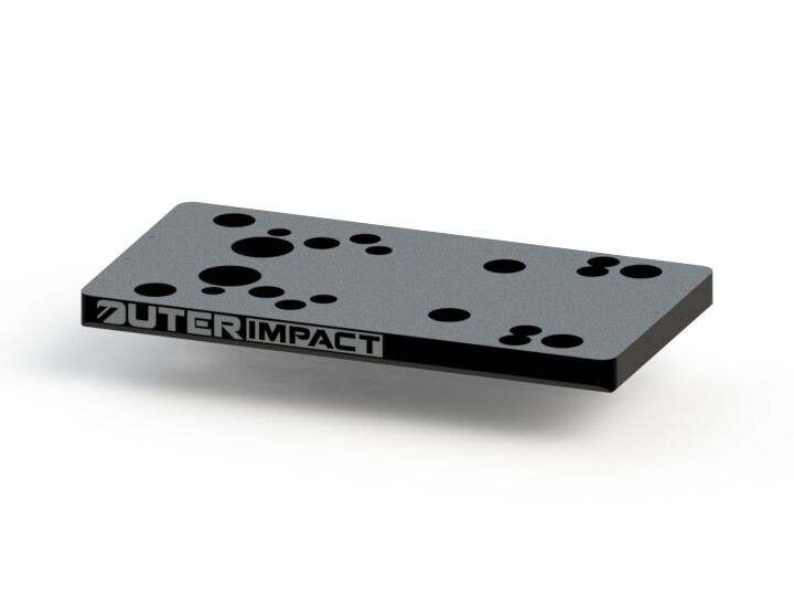 Graue Montageplatte mit mehreren Bohrungen, geeignet für die Befestigung von optischen Geräten, mit Outer Impact Logo an der Seite