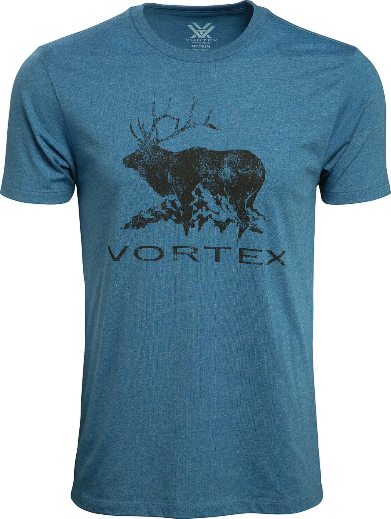 Blaues T-Shirt mit schwarzem Hirschmotiv und Vortex-Logo