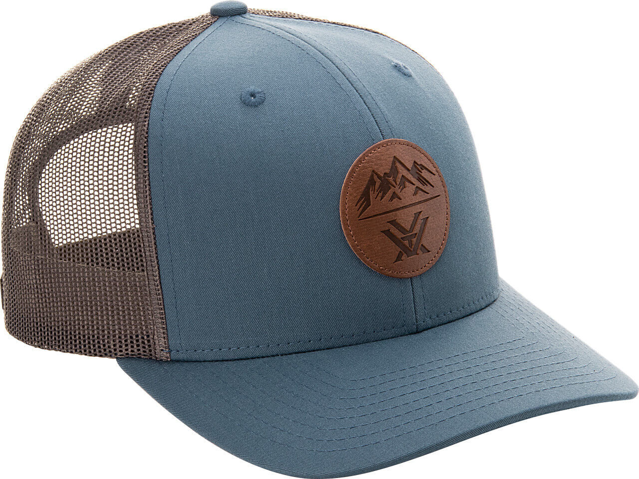 Blaue Trucker-Cap mit braunem Leder-Patch und Netzrückseite