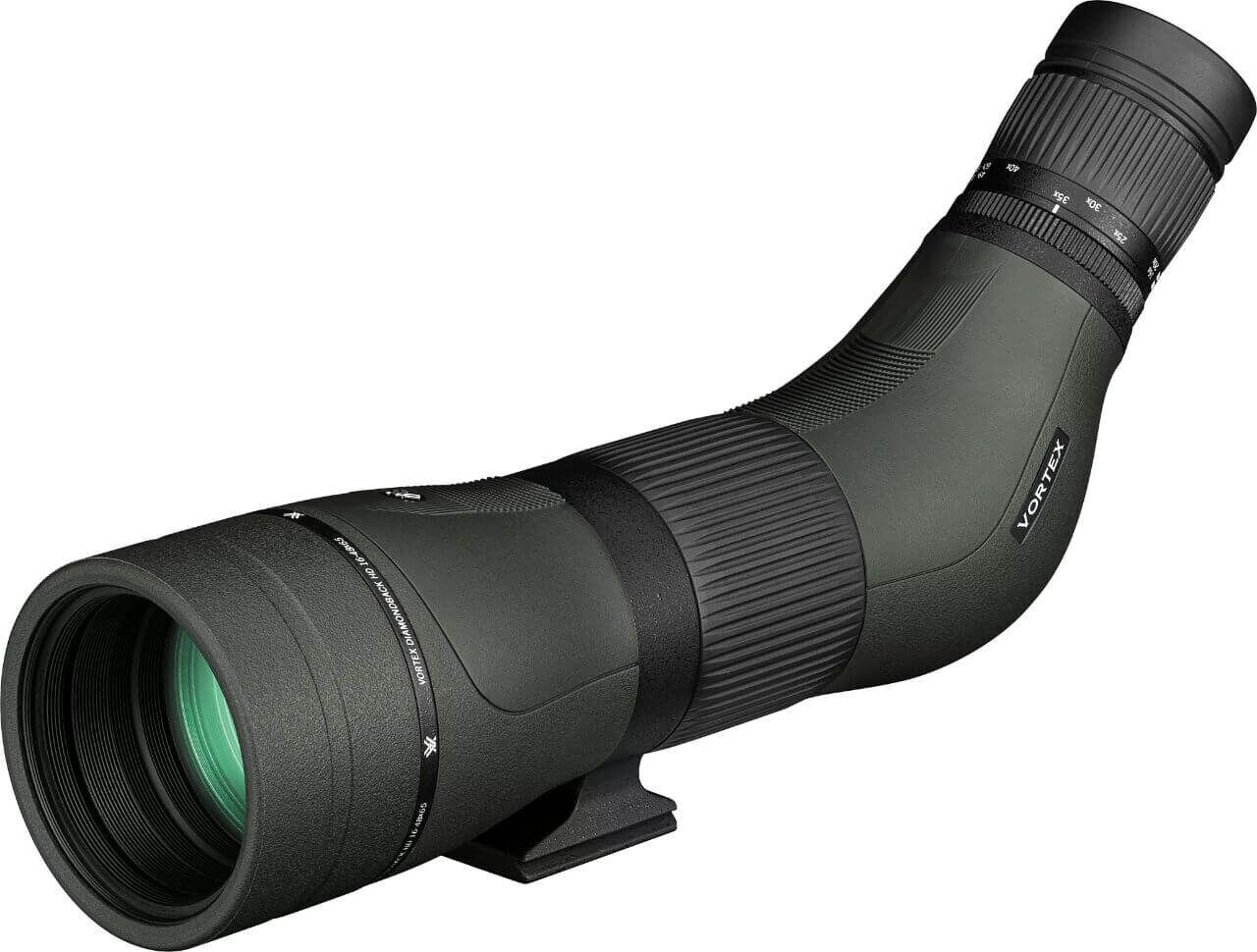 Ein schwarzes Vortex Spektiv mit grün getönten Linsen und einem 45-Grad-Winkel. Ideal für Outdoor-Beobachtungen.