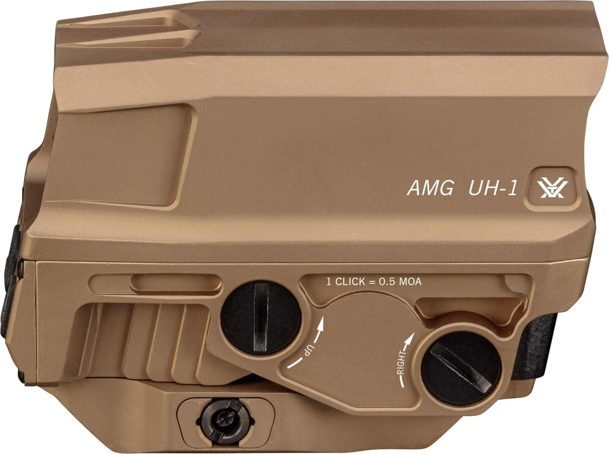 Seitenansicht des AMG UH-1 Rotpunktvisiers in Tan-Optik mit Justiereinstellungen