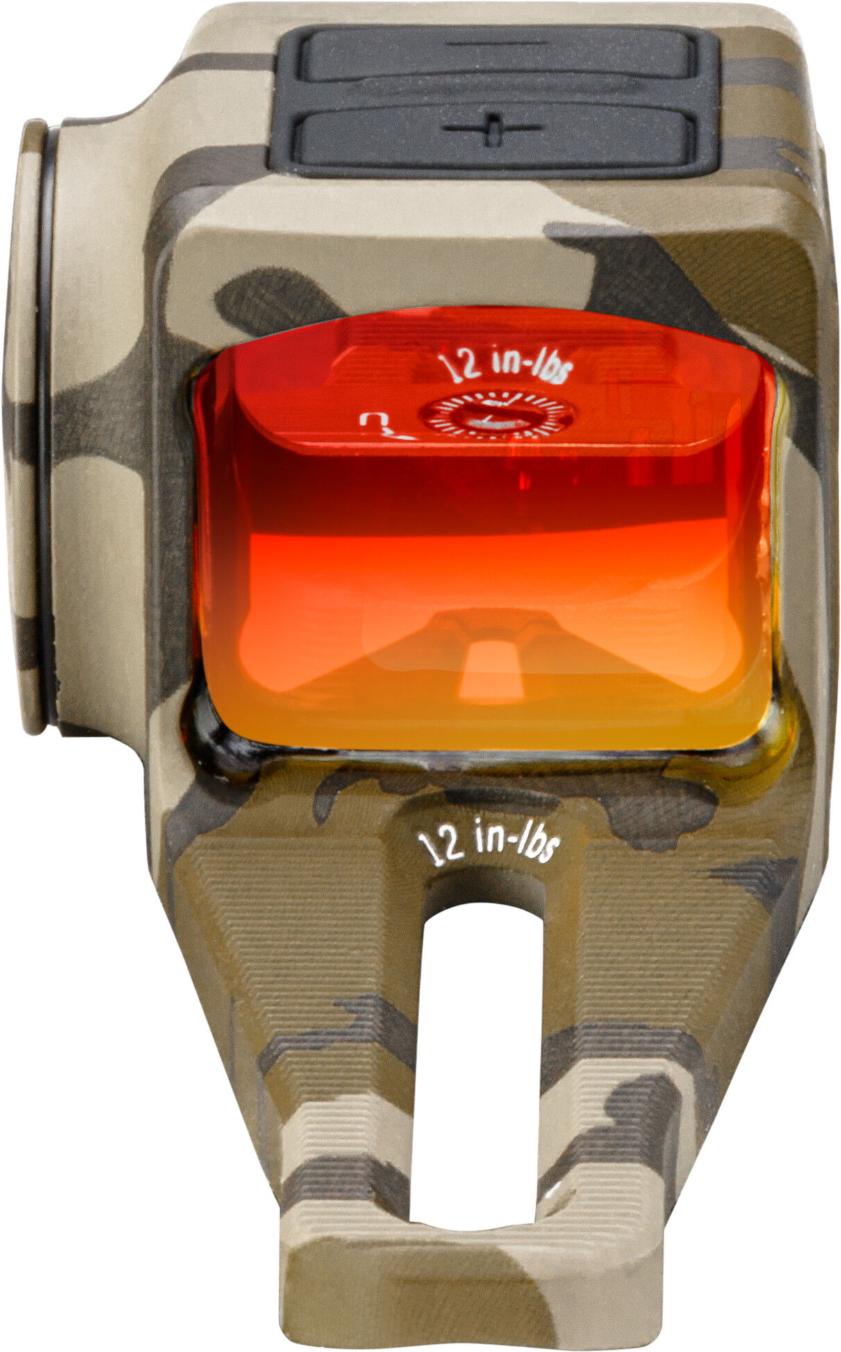 Frontansicht eines kompakten Red-Dot-Visiers in Camouflage-Design mit roter Reflexlinse und Bedientasten für präzises Zielen auf Waffen