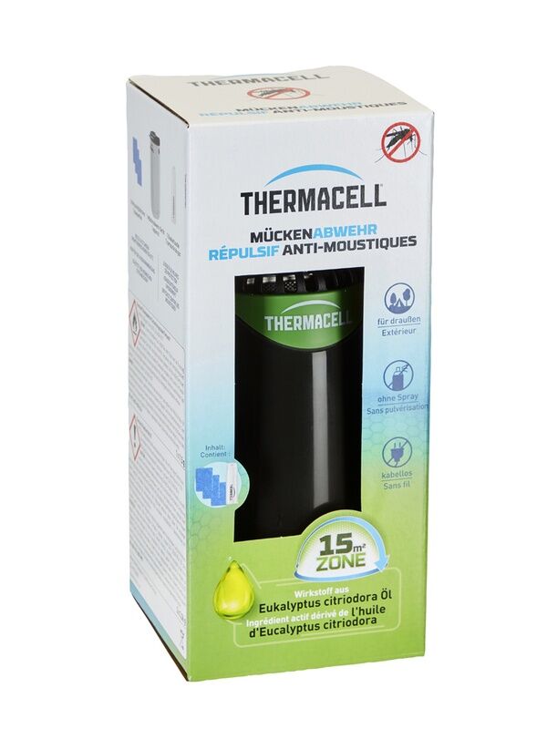 Produktverpackung des Thermacell HALO MINI graphite PT-19 Mückenabwehrgeräts mit 15 m² Schutzbereich für Terrasse, Garten, Balkon und Camping