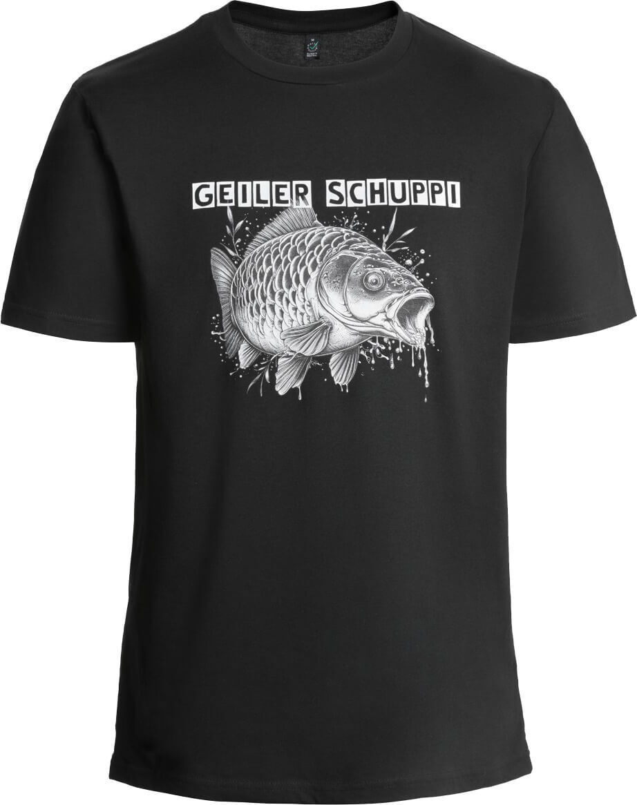 Schwarzes T-Shirt mit dem Aufdruck 'Geiler Schuppi' und einer Zeichnung eines Karpfens