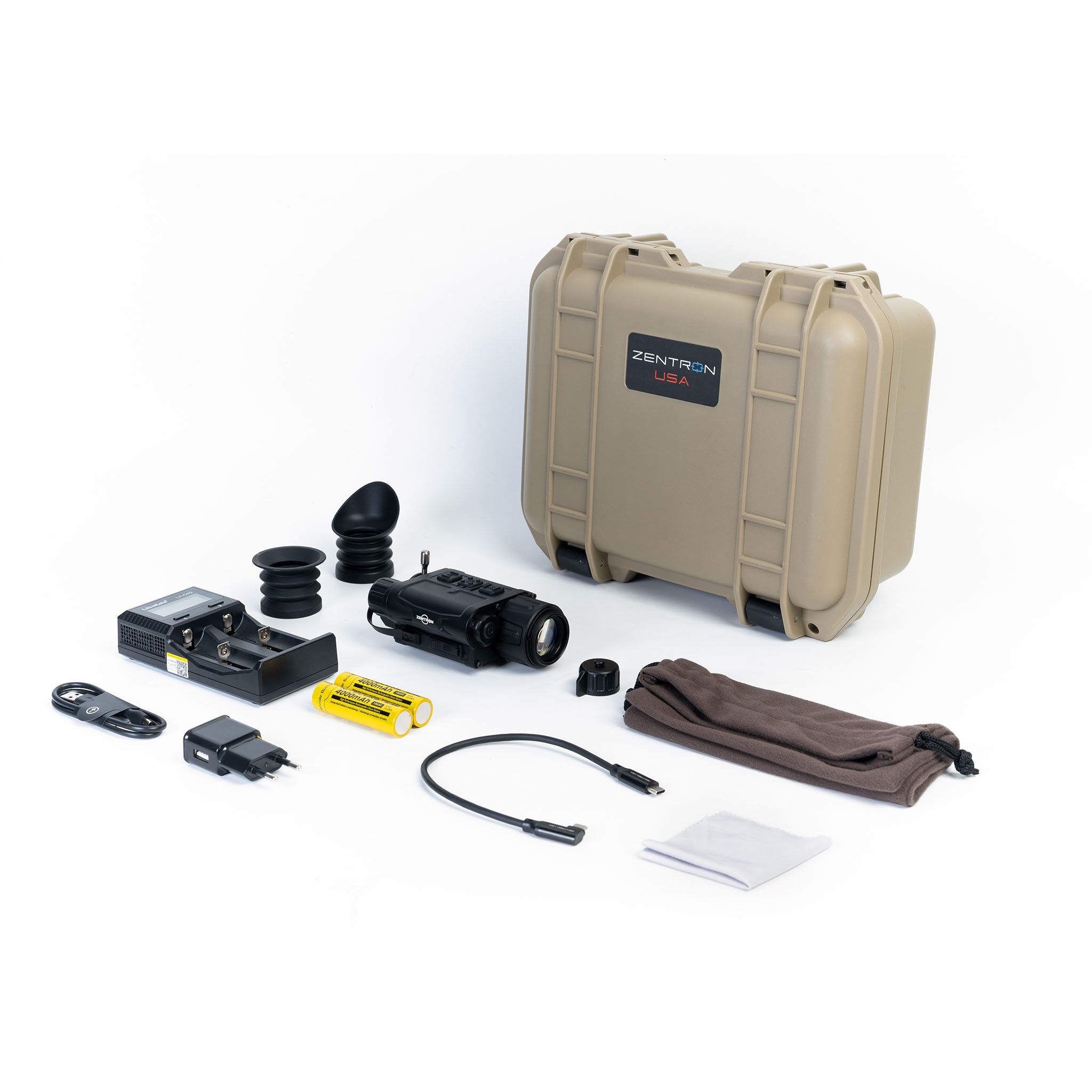 Produktfoto des Zentron Mega CQ25R 4 in 1 Wärmebildgeräts mit 640×512 VOx-Sensor, integriertem Laser-Entfernungsmesser, Ladegerät, Akkus, Kabeln und robustem Transportkoffer