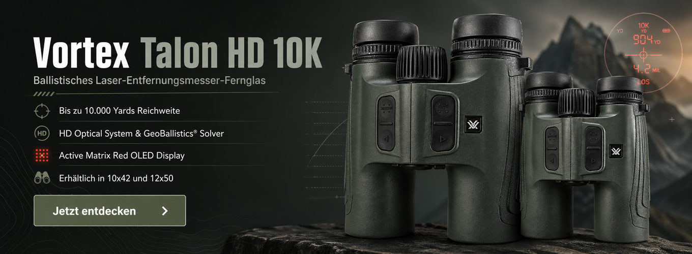 Produktbild des Vortex Talon HD 10K ballistischen Laser-Entfernungsmesser-Fernglases mit HD Optical System, Red OLED Display und 10.000 Yards Reichweite, gezeigt in den Varianten 10x42 und 12x50 vor Berglandschaft