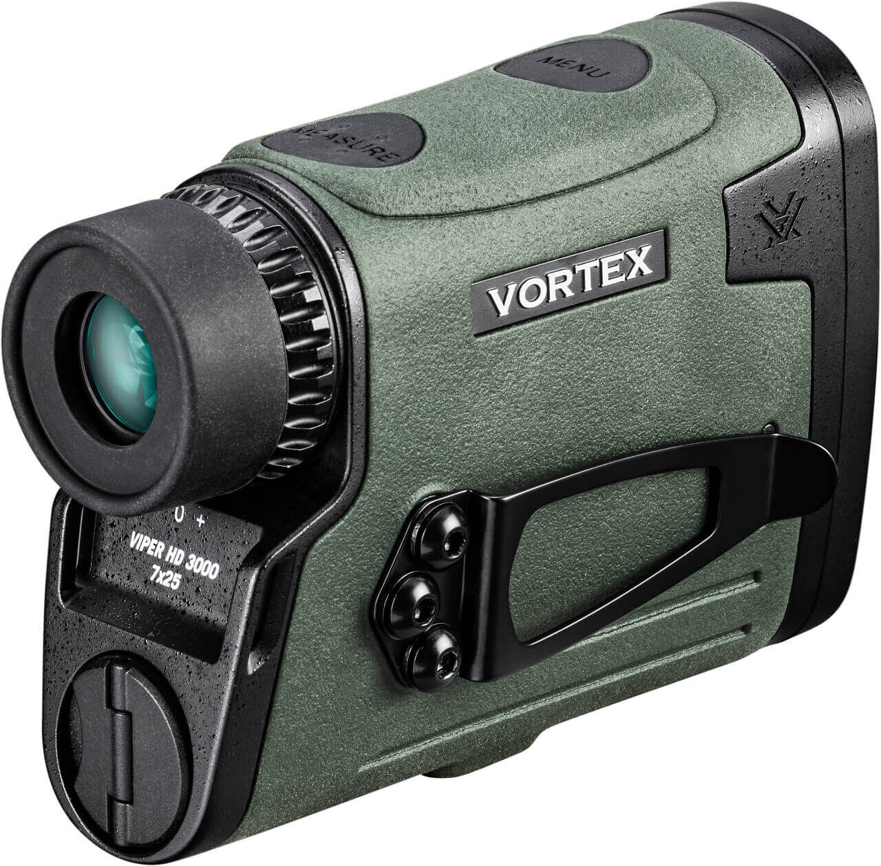 Nahaufnahme eines grünen Vortex Viper HD 3000 Entfernungsmessers mit optischen Komponenten und robustem Design