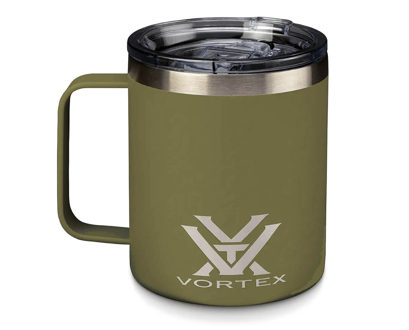 Olivegrüner Thermobecher von Vortex mit Deckel und Griff aus Edelstahl, isoliert für heiße oder kalte Getränke