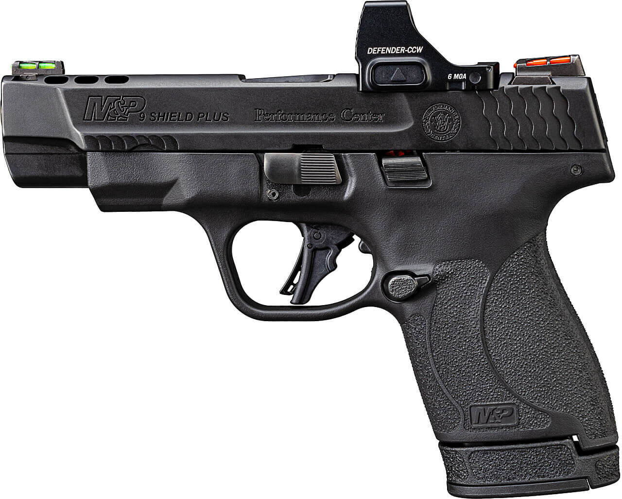 Seitliche Ansicht der Smith & Wesson M&P 9 Shield Plus Pistole mit montierter Optik