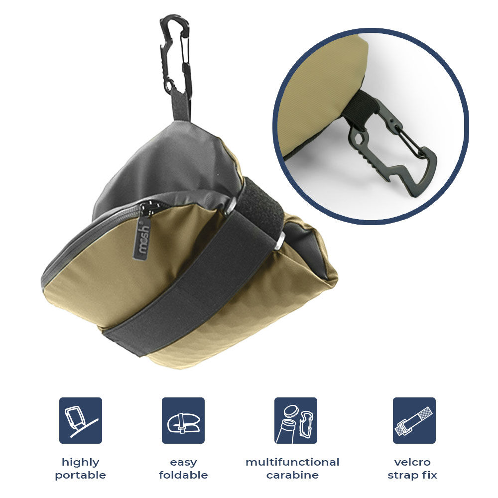 Beige und graue tragbare Tasche mit Karabiner und Klettverschluss, leicht faltbar und vielseitig verwendbar.