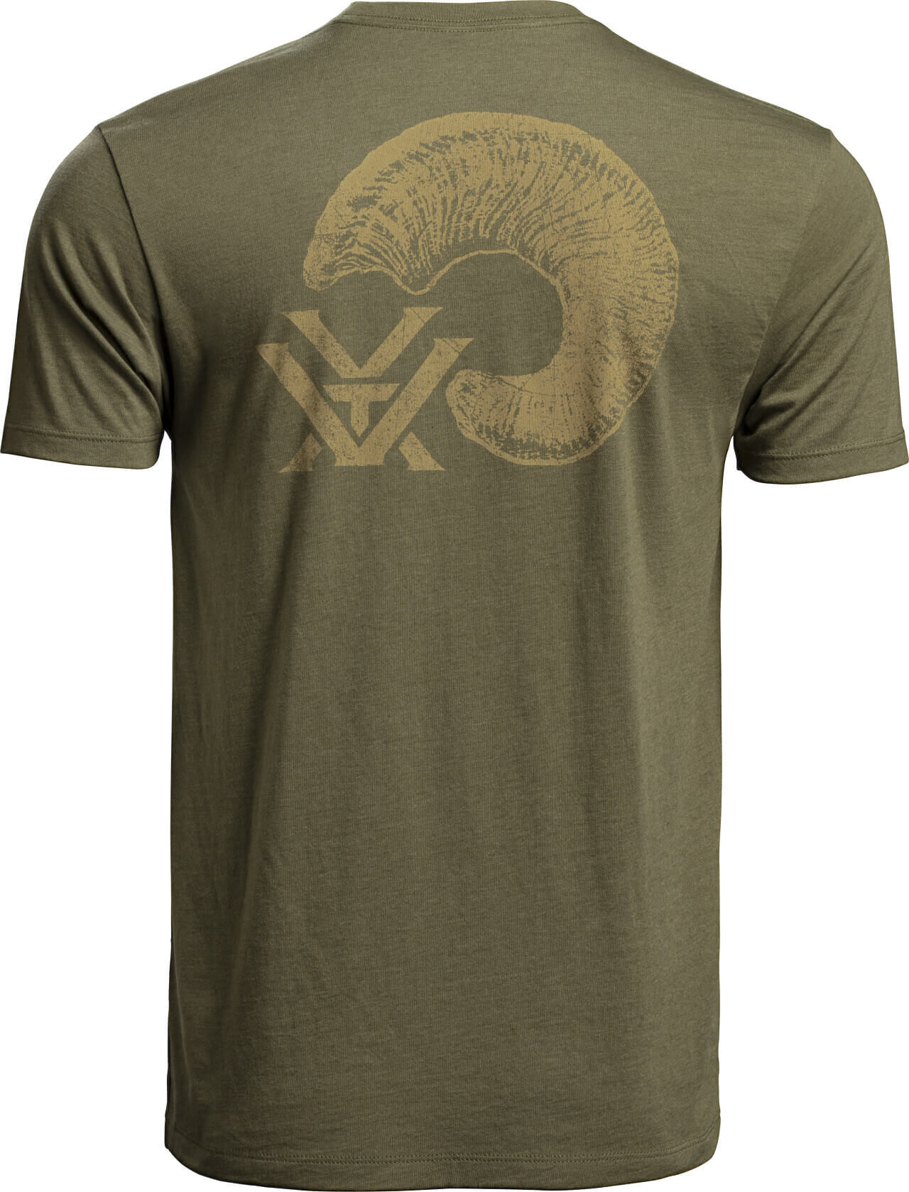 Rückansicht eines olivgrünen T-Shirts mit einem goldfarbenen Druck eines Wildtier-Motivs