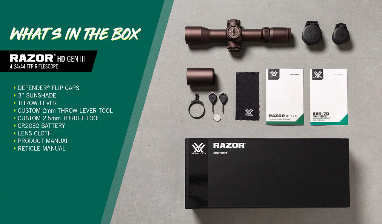 Vortex Razor HD Gen III Zielfernrohr und mitgeliefertes Zube