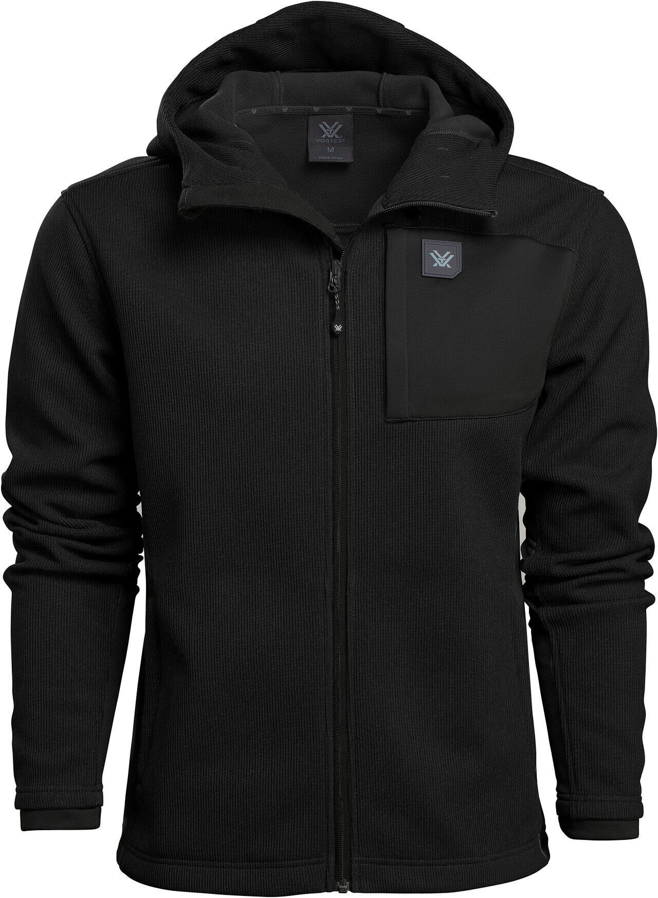 Schwarze Herrenjacke mit Kapuze, Reißverschluss und einer Brusttasche
