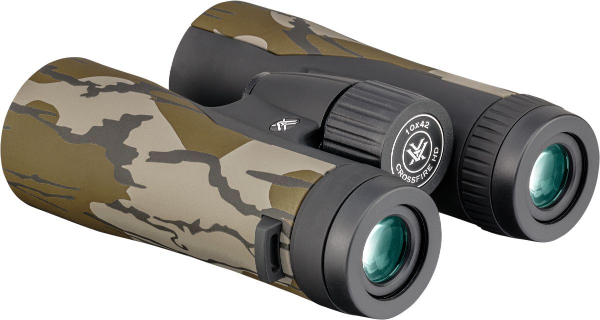 Vortex Crossfire HD 10x42 Fernglas in Tarnfarbe, robustes Outdoor-Glas mit gummiertem Gehäuse und großer Mitteltriebfokussierung