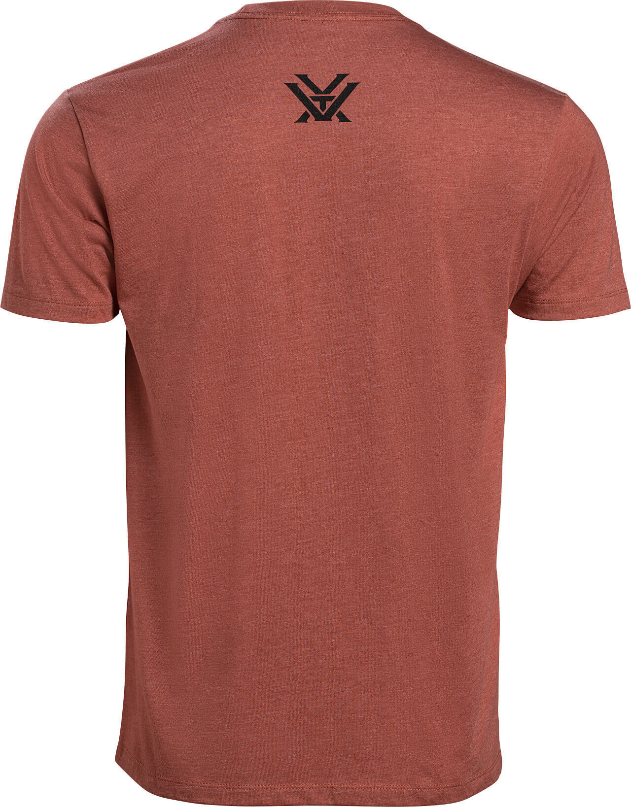 Rückansicht eines roten T-Shirts mit schwarzem Logo auf dem oberen Rücken