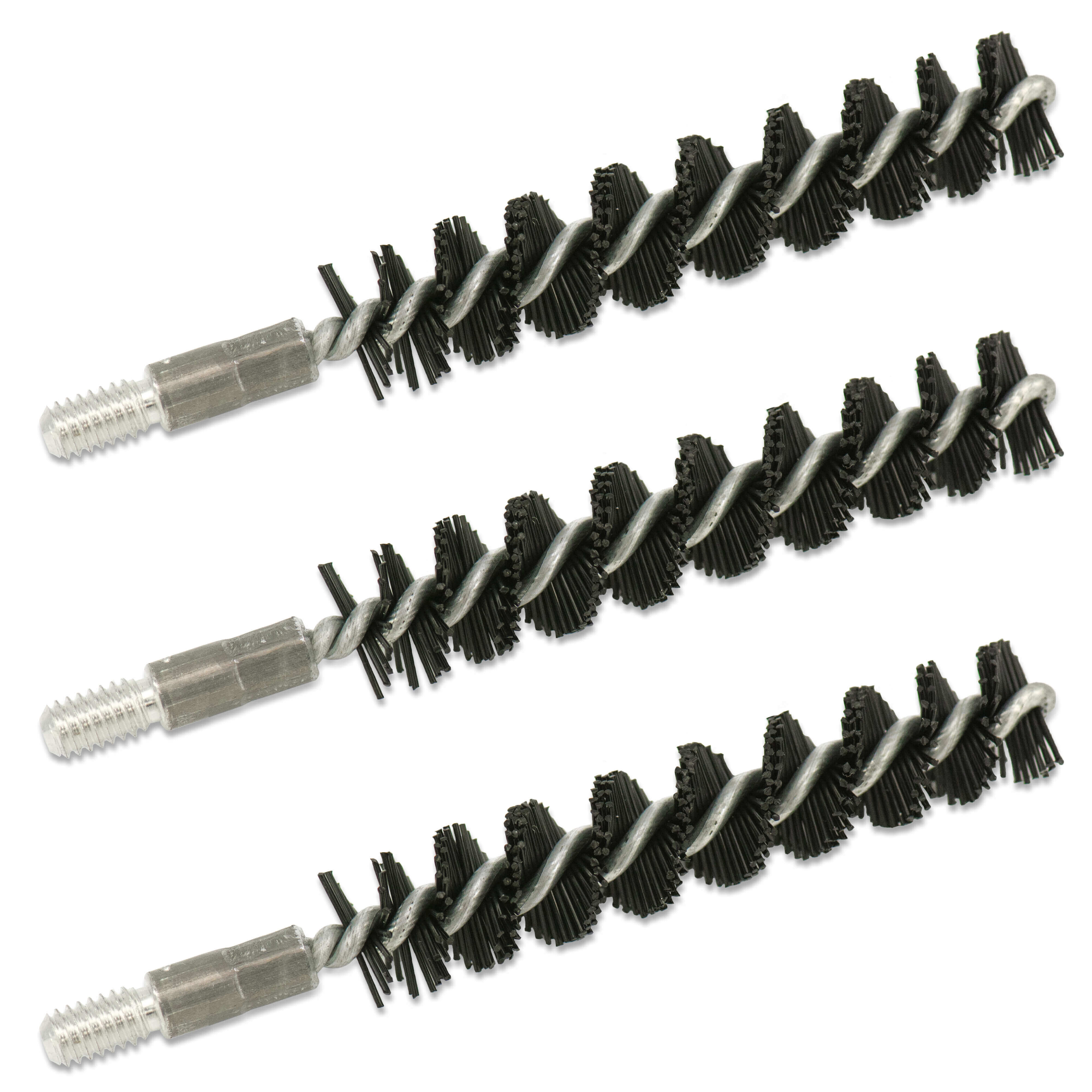 Abbildung von drei schwarzen Rohrbürsten mit Metallgewinde, ideal für präzise und gründliche Reinigung von Rohren und schwer zugänglichen Stellen
