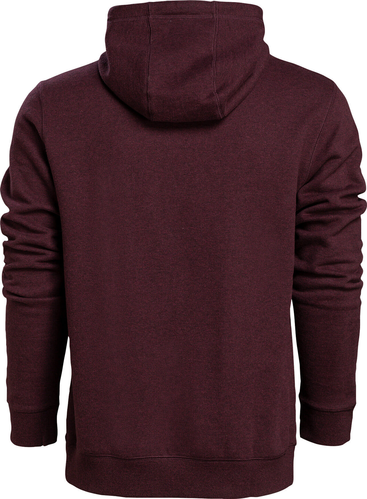Rückansicht eines langärmligen burgunderroten Hoodies mit Kapuze