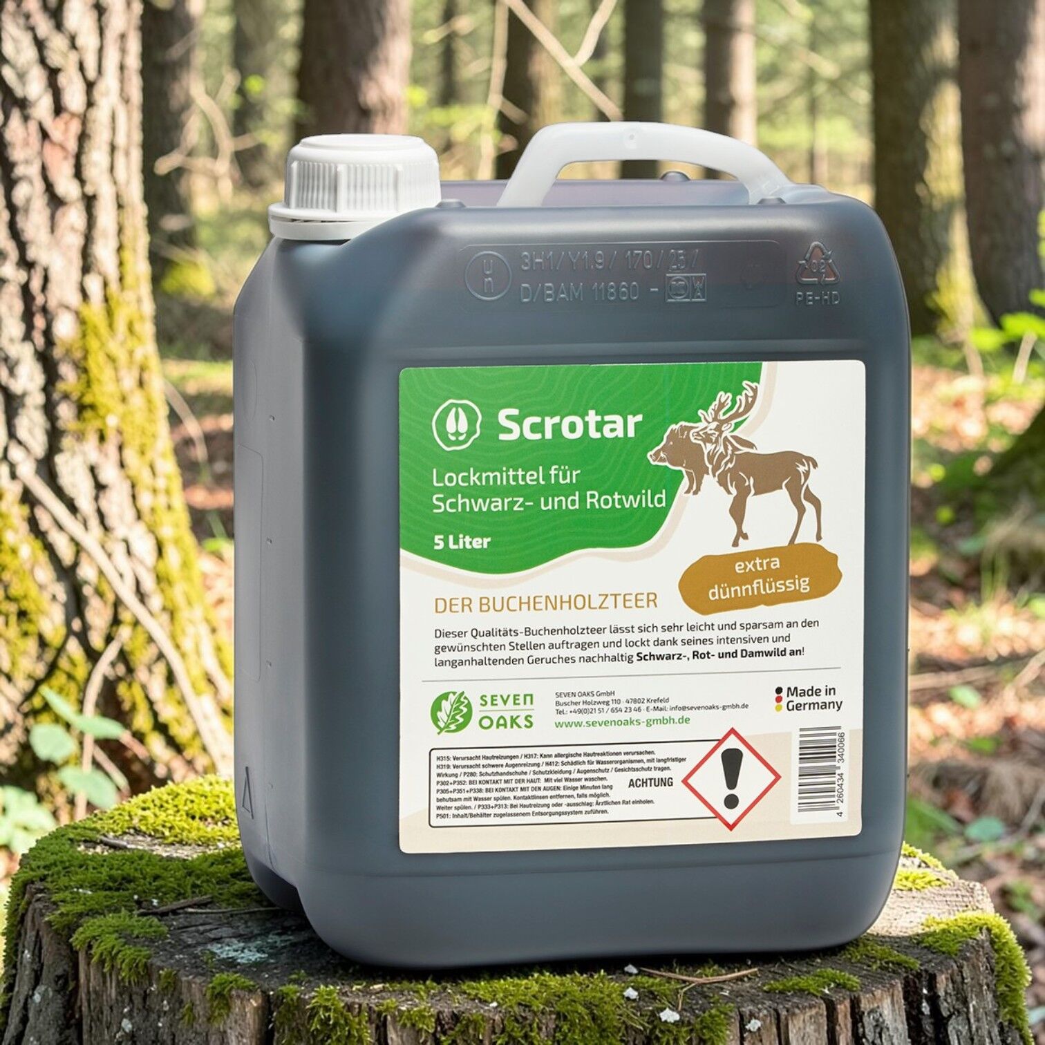 Kunststoffkanister Scrotar dünnflüssiger Buchenholzteer 5 L von Seven Oaks als Lockmittel für Rotwild, Damwild und Schwarzwild im Wald