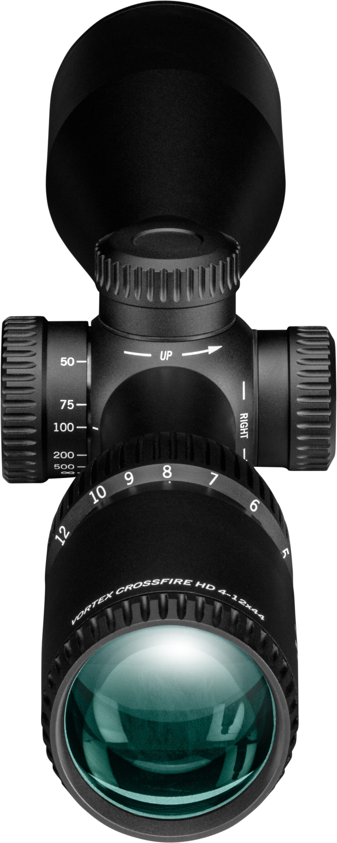 Obenansicht eines Vortex Crossfire HD 4-12x44 Zielfernrohrs mit Einstellrädern und Linsen.