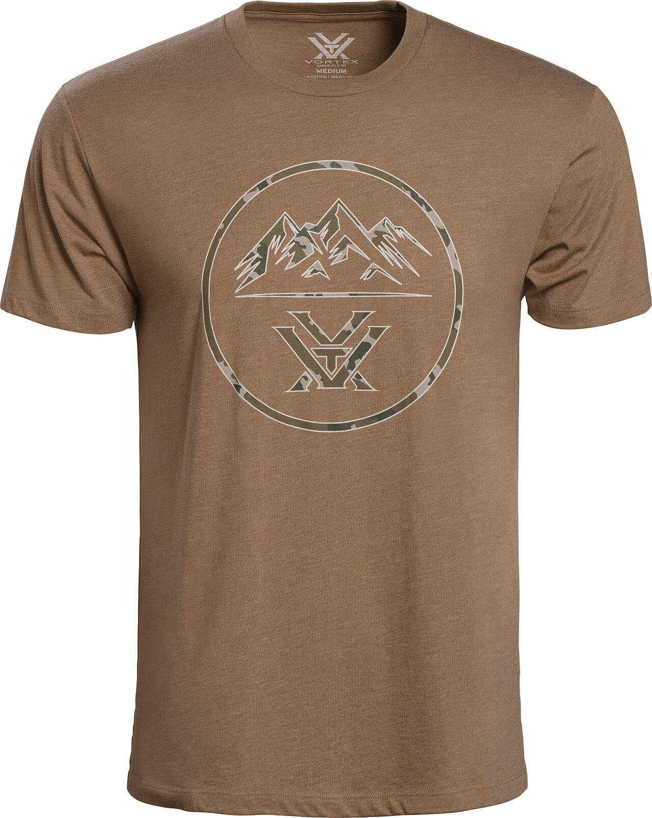 Braunes T-Shirt mit aufgedrucktem Bergmotiv und stilisiertem Logo auf der Vorderseite