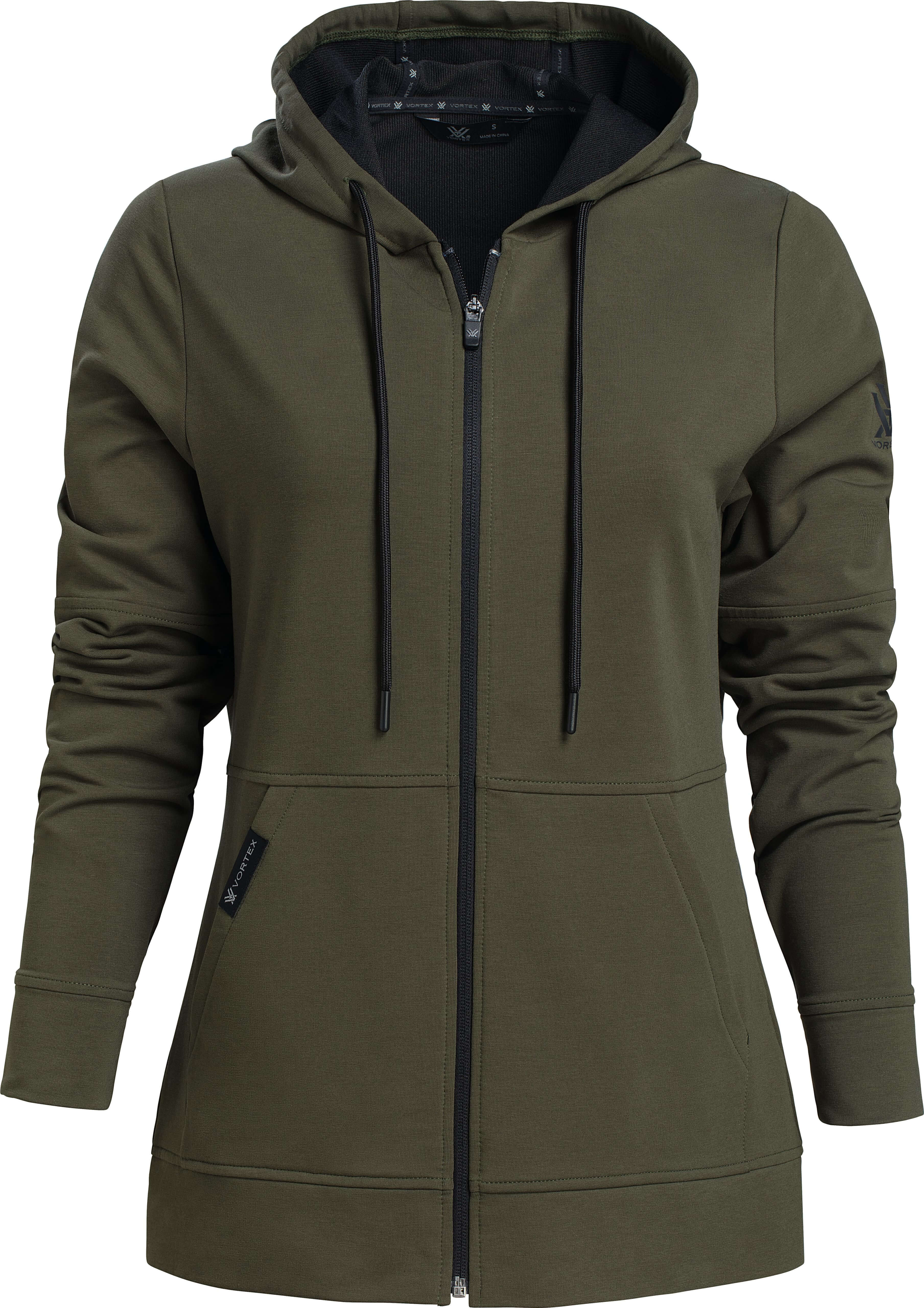 Olivgrüne Damen-Kapuzenjacke mit Reißverschluss, Kängurutaschen und langen Ärmeln, ideal für Freizeit- und Outdoor-Aktivitäten