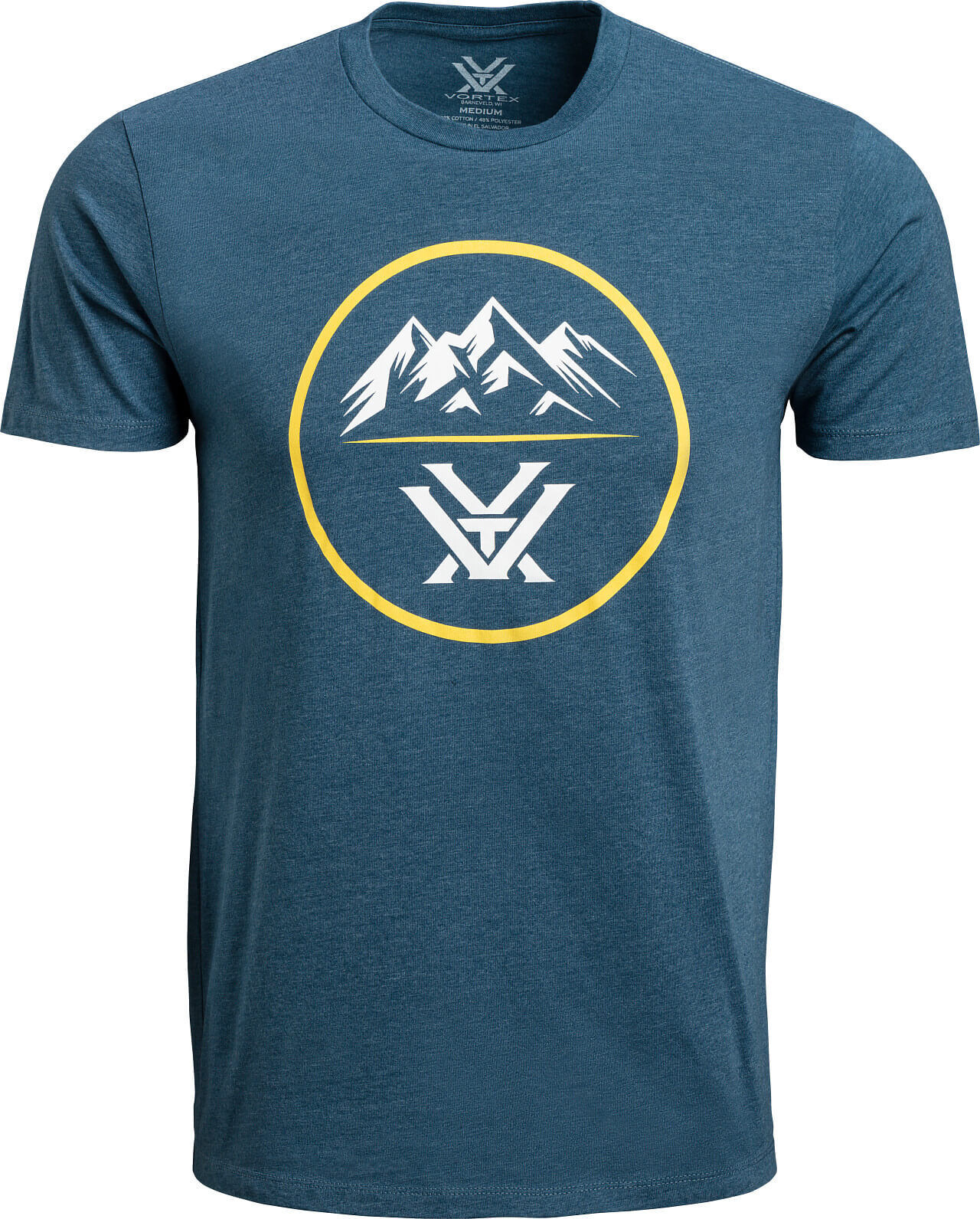 Blaues T-Shirt mit gelbem Kreis, Berg- und Logo-Design vorne