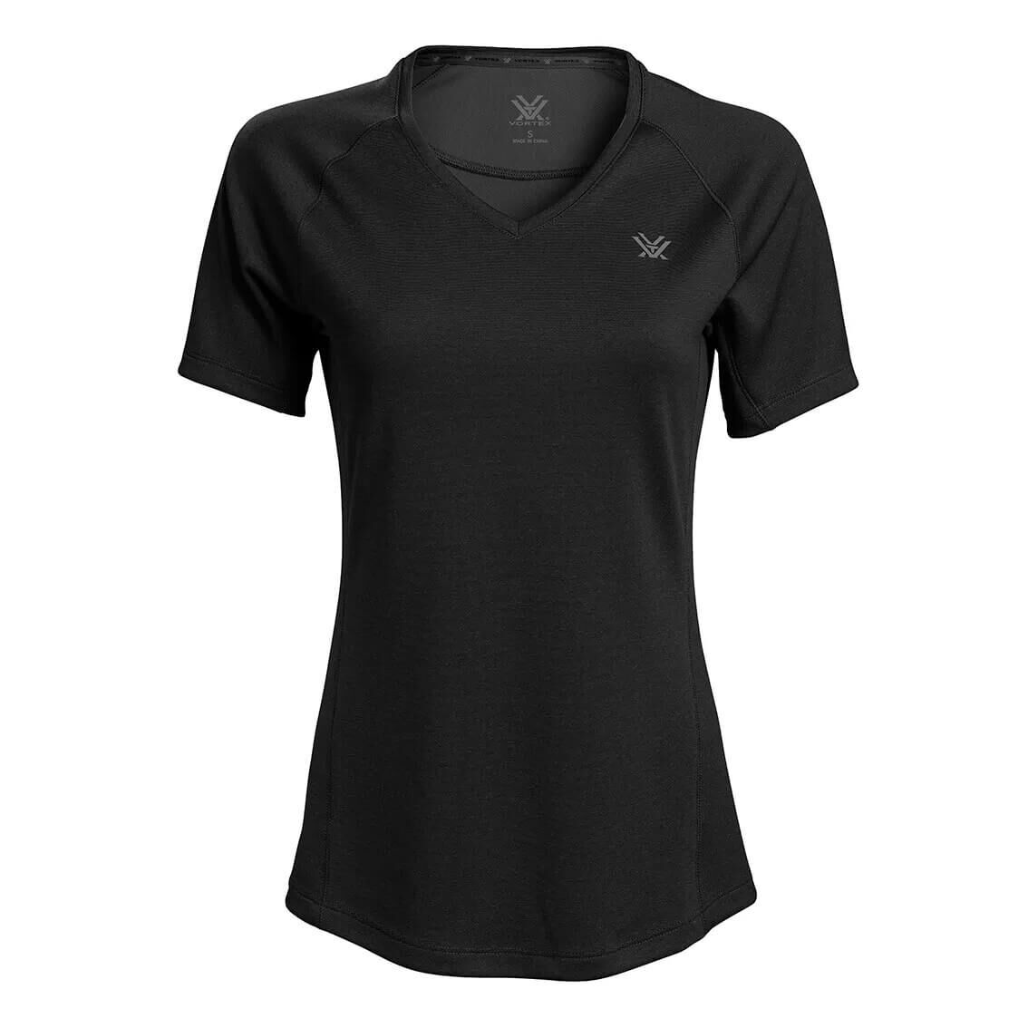 Schwarzes Damen T-Shirt mit V-Ausschnitt und Logo auf weißem Hintergrund