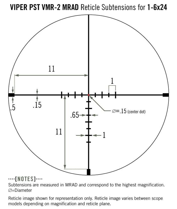 Abbildung des Viper PST VMR-2 MRAD Absehen mit Maßeinheiten in MRAD für ein 1-6x24 Zielfernrohr. Enthält Markierungen und Maße zur Darstellung der Absehen-Einteilungen.
