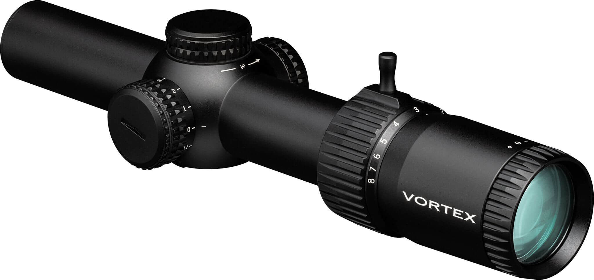 Seitliche Ansicht eines Vortex Zielfernrohrs mit mehreren Verstellringen und einem großen Objektiv