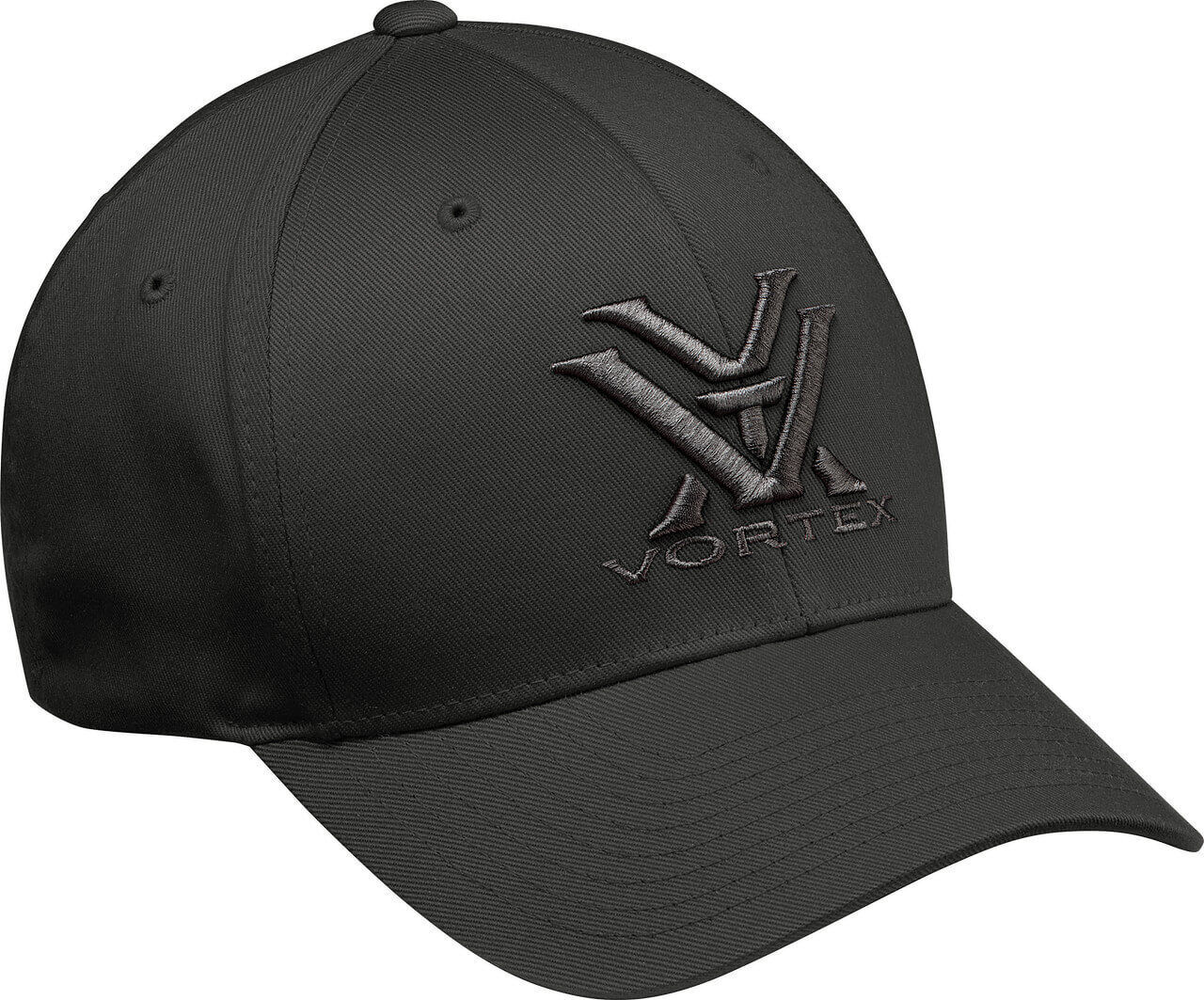 Schwarze Baseballkappe mit dem gestickten Logo von Vortex auf der Vorderseite, seitliche Ansicht