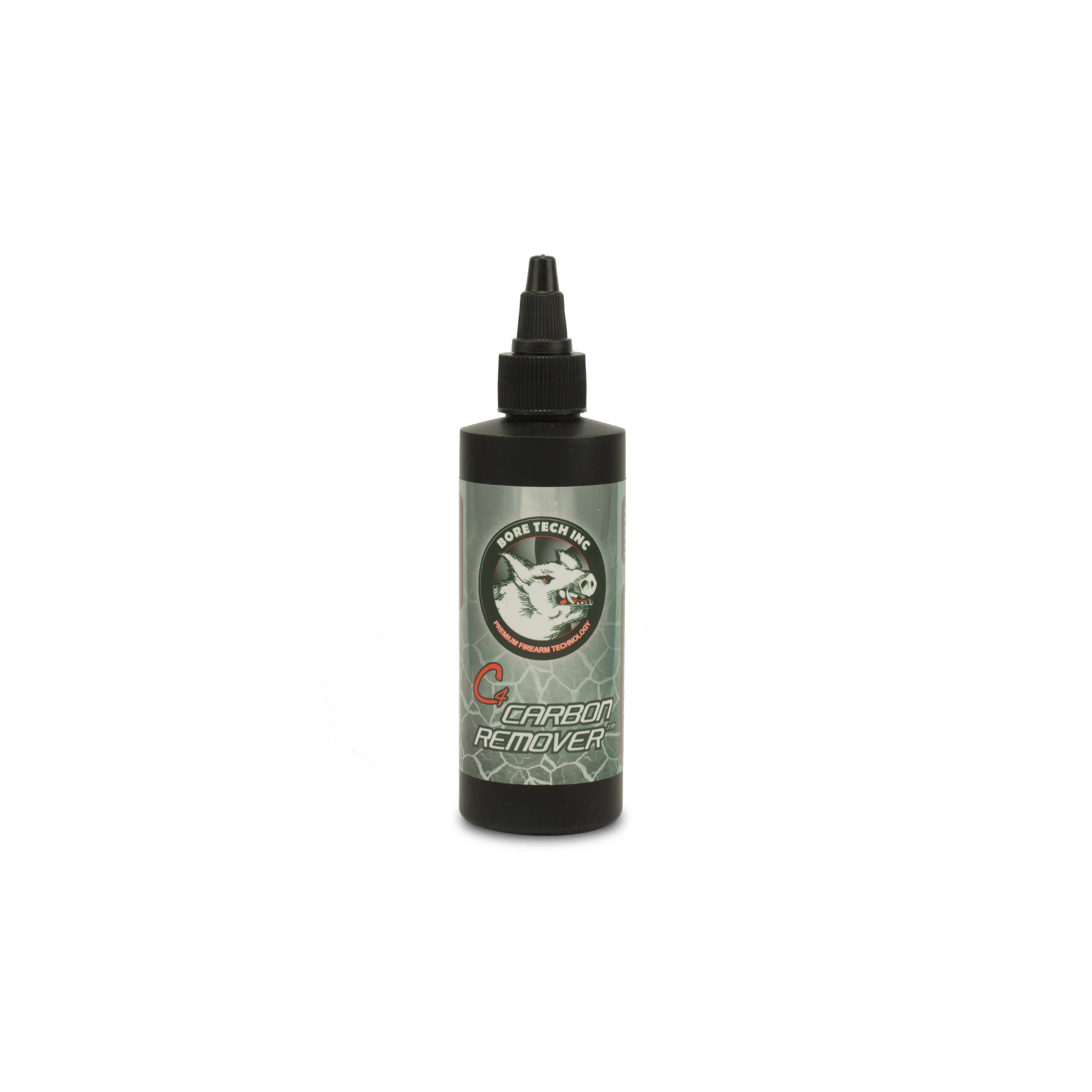 Flasche Bore Tech C4 Carbon Remover mit schwarzer Kappe und 118 ml Inhalt, speziell entwickelt zur Entfernung von Kohlenstoffablagerungen in Schusswaffen
